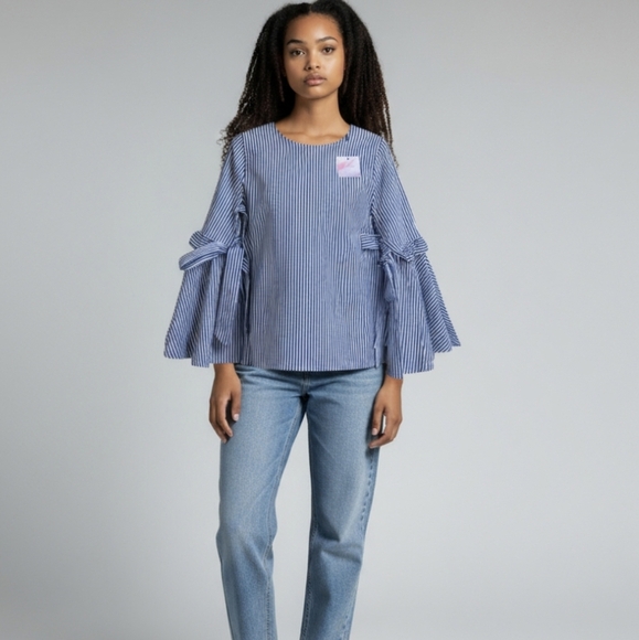 Chic Wish navy stripe bow bell sleeves Coastal preppy cotton top NWT sz XS/S - Picture 1 of 8